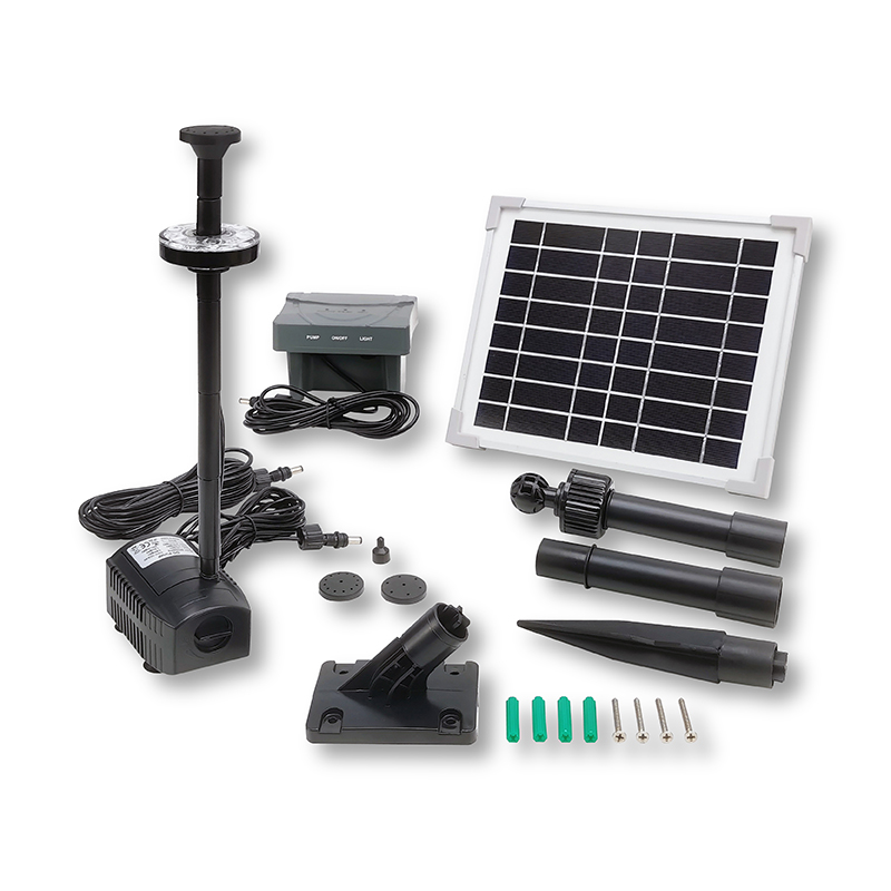 230LPH Flow 0.8M Head E-type Solar Dry Run Protected Battery Fountain Pump with Fountain LED_SPBL6-320607E