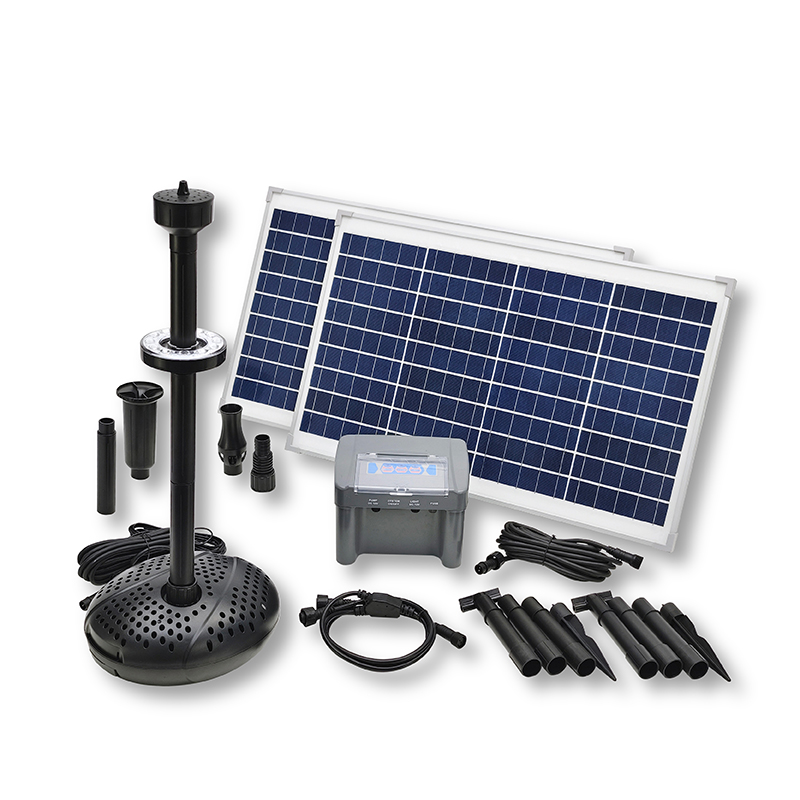 2800LPH Flow 1.8M Head Solar Dry Run Protected Battery Fountain Pump with Fountain LED_SPBL70-801220F