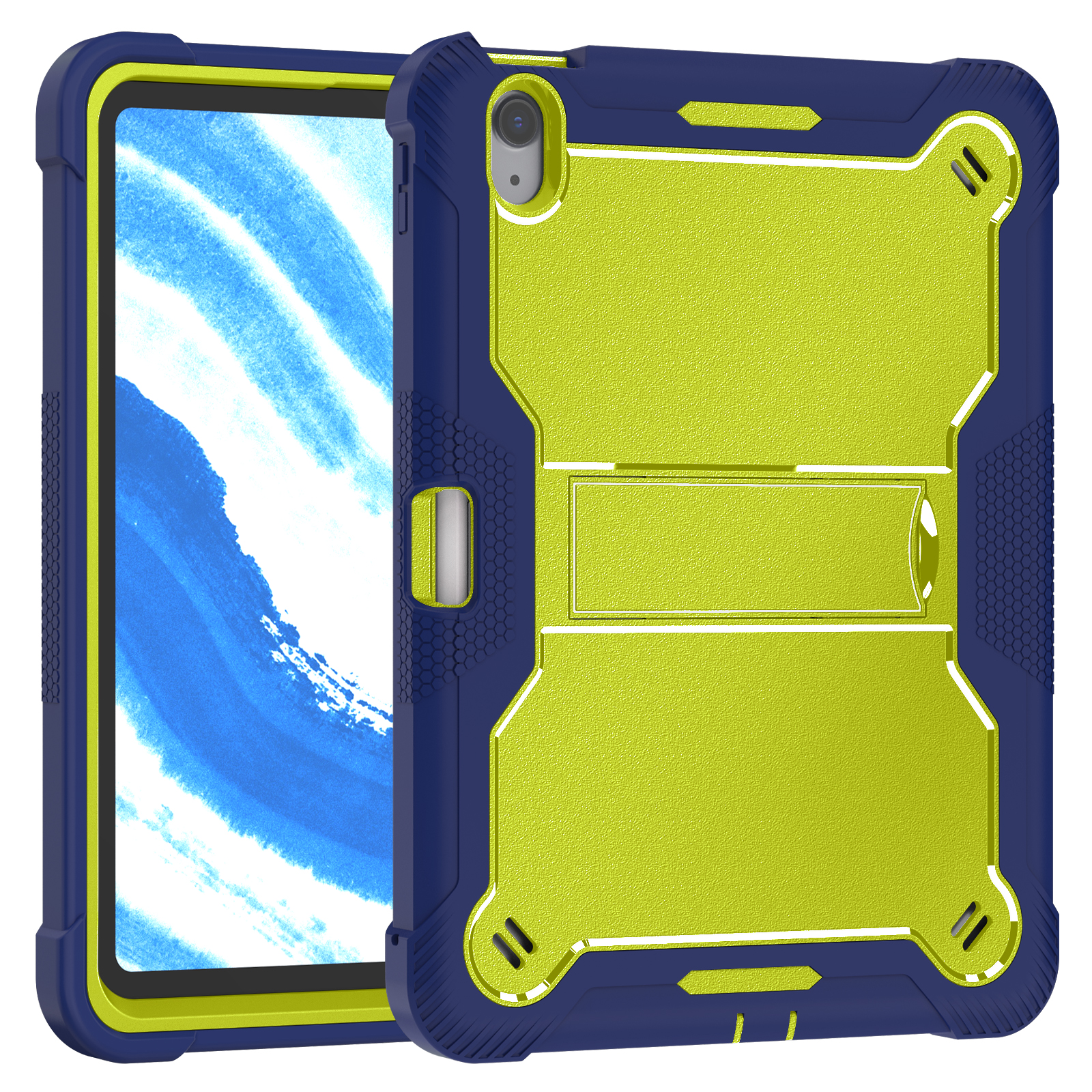 TOZIZO Yellow-Green+Navy Blue iPad Air 11 M4 Case (2026) | Heavy Duty Rugged 3-Layer Shockproof Tablet Case with Kickstand