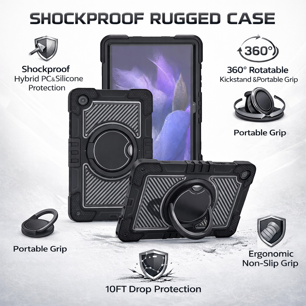 TOZIZO Galaxy Tab A11 Plus Survivor Case Black – Rugged Shockproof Tablet Case with 360° Rotating Kickstand