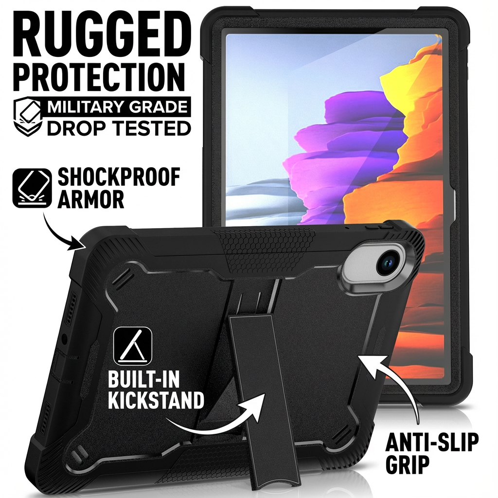 TOZIZO Full-Body Rugged Case for Redmi Pad 2 – Black Heavy Duty Kickstand Armor for Kids