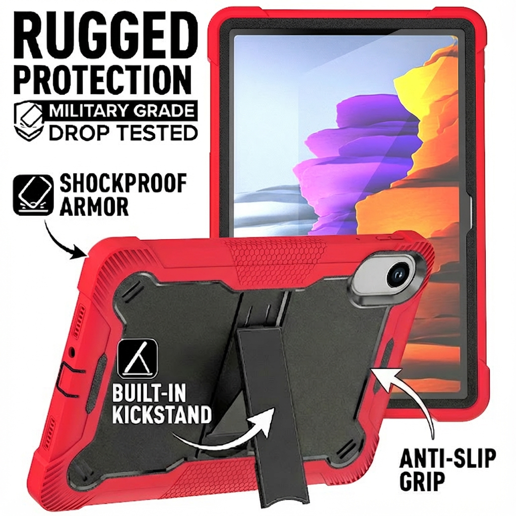 TOZIZO Red Rugged Shockproof Tablet Case for Redmi Pad 2 – Full-Body Heavy Duty Stand Tablet Cover
