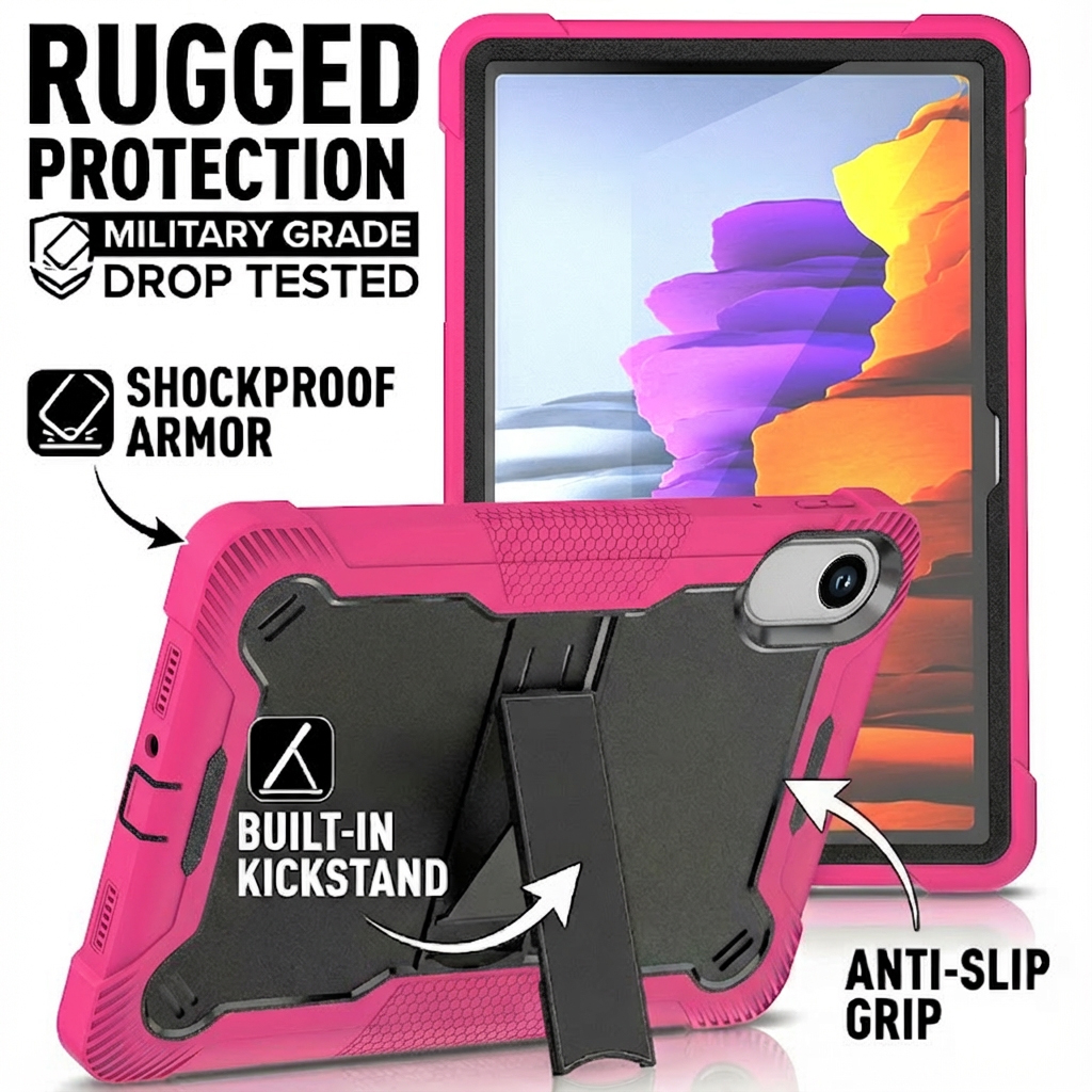 TOZIZO Magenta Rugged Tablet Case for Redmi Pad 2 – Kid-Friendly Shockproof Cover with Kickstand