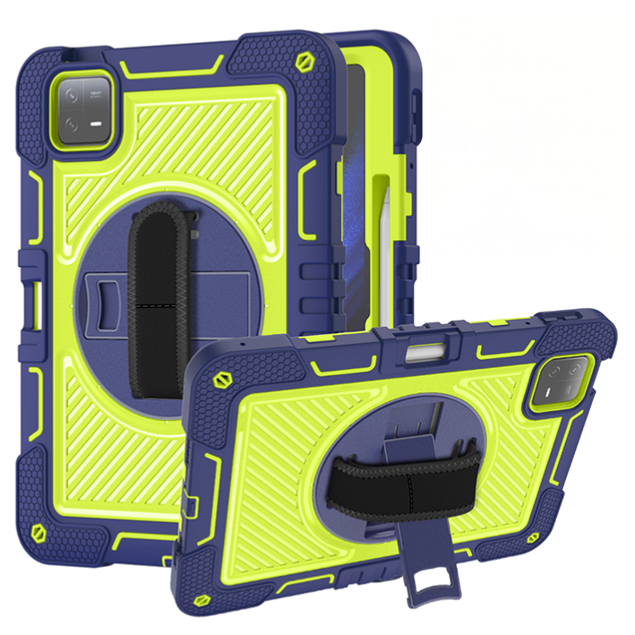 TOZIZO Xiaomi Pad 6 Pro Heavy Duty Rugged Tablet Case with 360° Rotating Kickstand and Strap - Navy Blue + Yellow-Green