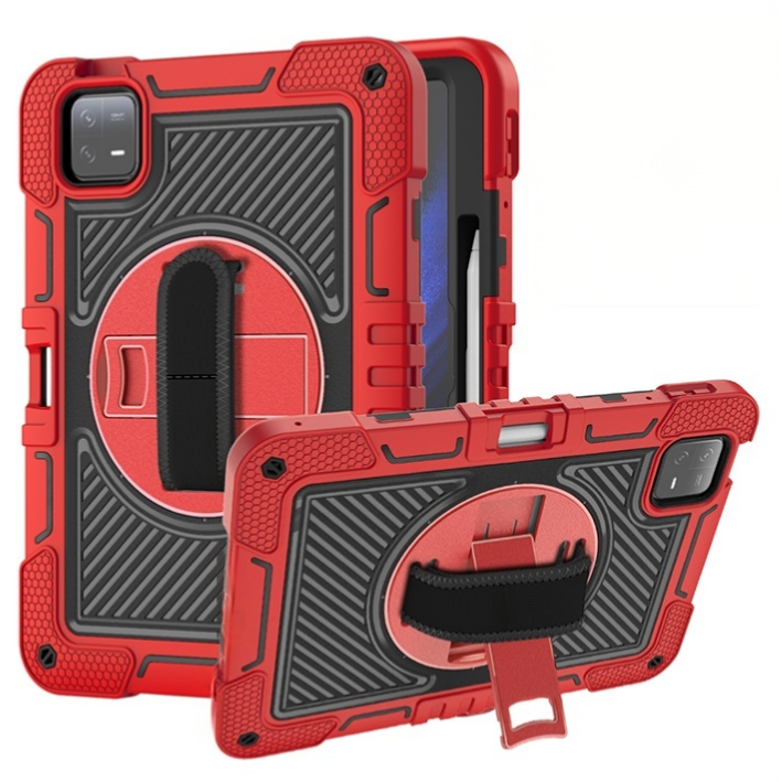 TOZIZO Xiaomi Pad 6 Pro 3-Layer Rugged Shockproof Tablet Case with 360° Rotating Kickstand and Strap - Red + Black