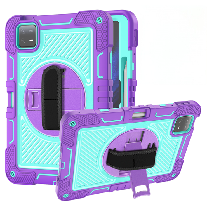TOZIZO Xiaomi Pad 6 Pro 360° Rotating Stand Rugged Tablet Case with Strap - Purple + Mint Green