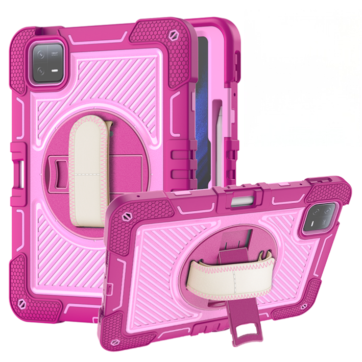 TOZIZO Xiaomi Pad 6 Pro Rugged 3-Layer Tablet Case with 360° Rotating Kickstand & Strap - Rose Red + Pink