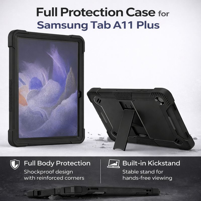 TOZIZO Black Heavy Duty Full Body Protective Case for Galaxy Tab A11 Plus 11