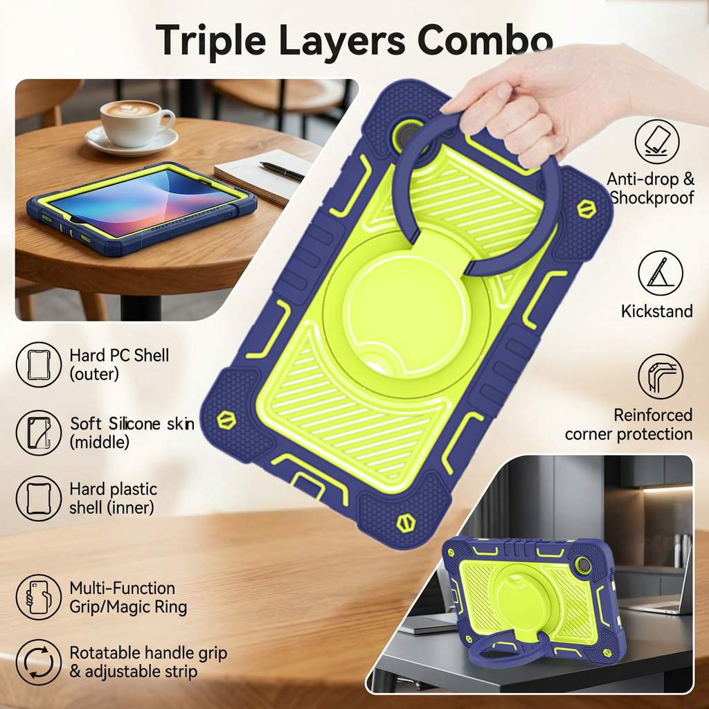 TOZIZO Galaxy Tab A9 Plus 3-Layer Silicone Shockproof Case, Rugged Full-Body Tablet Cover with 360° Rotatable Ring Grip and Adjustable Carry Strap