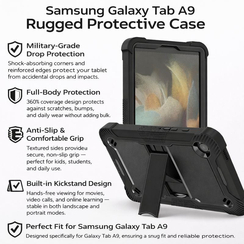 TOZIZO Black Shockproof Rugged Case for Samsung Galaxy Tab A9 8.7