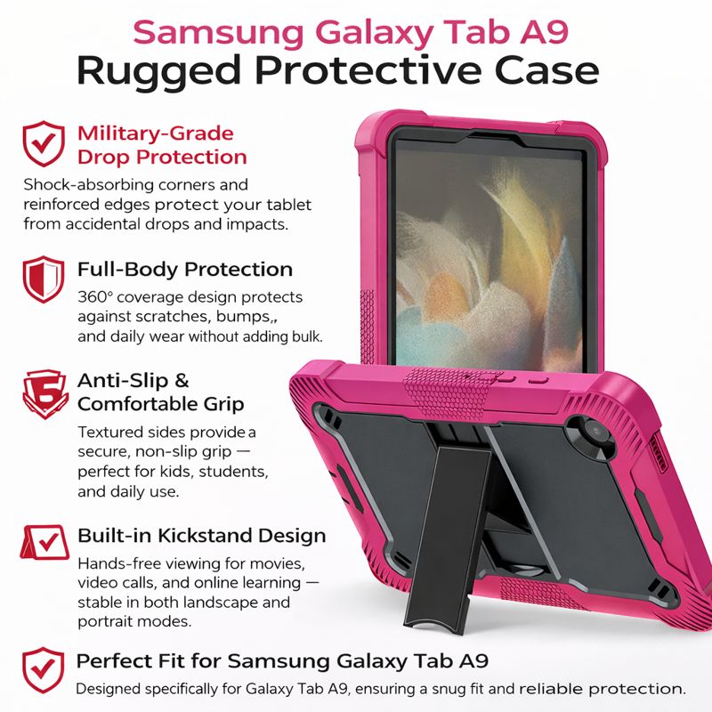 TOZIZO Shockproof Rose Red Black Tablet Case for Samsung Galaxy Tab A9 8.7