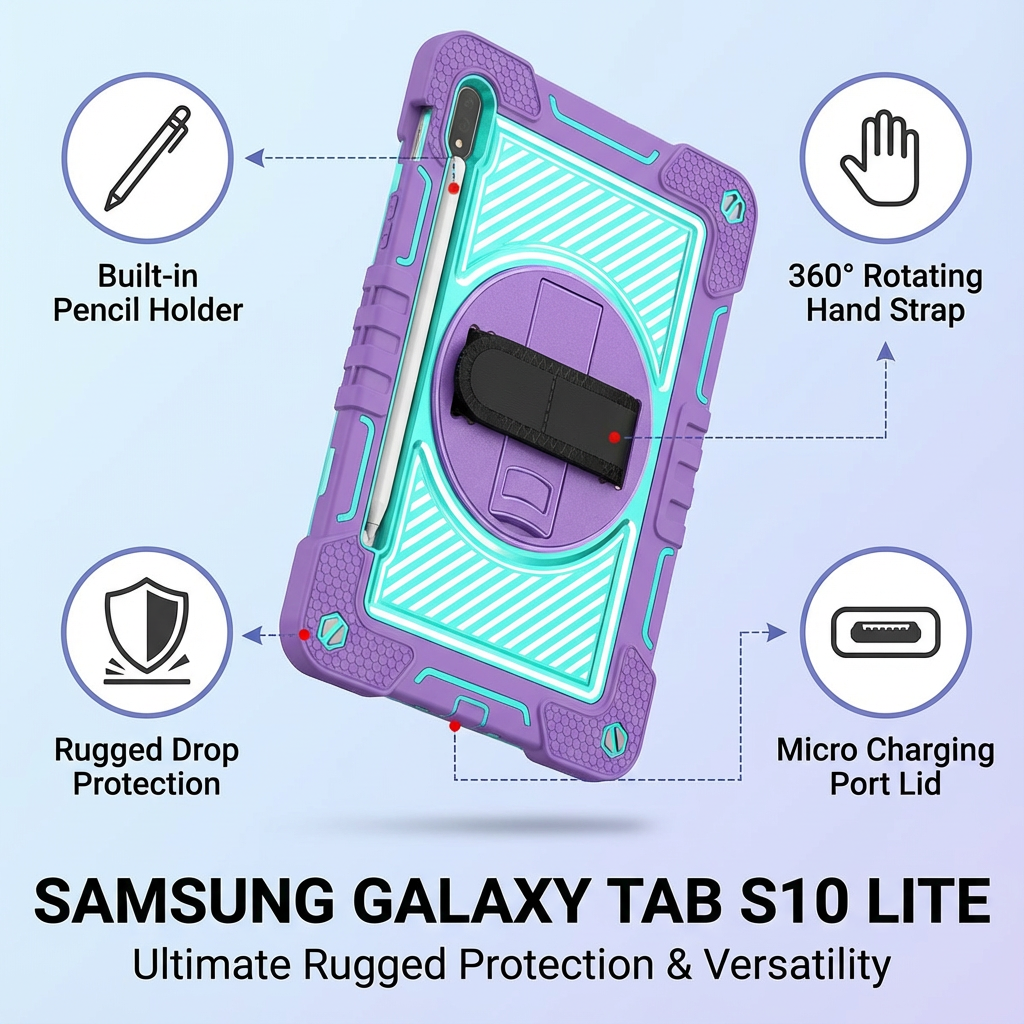 TOZIZO Galaxy Tab S10 Lite Silicone Full-Body Rugged Tablet Case, Heavy Duty 3-Layer Shockproof Cover with 360° Rotating Stand and Hand/Shoulder Strap
