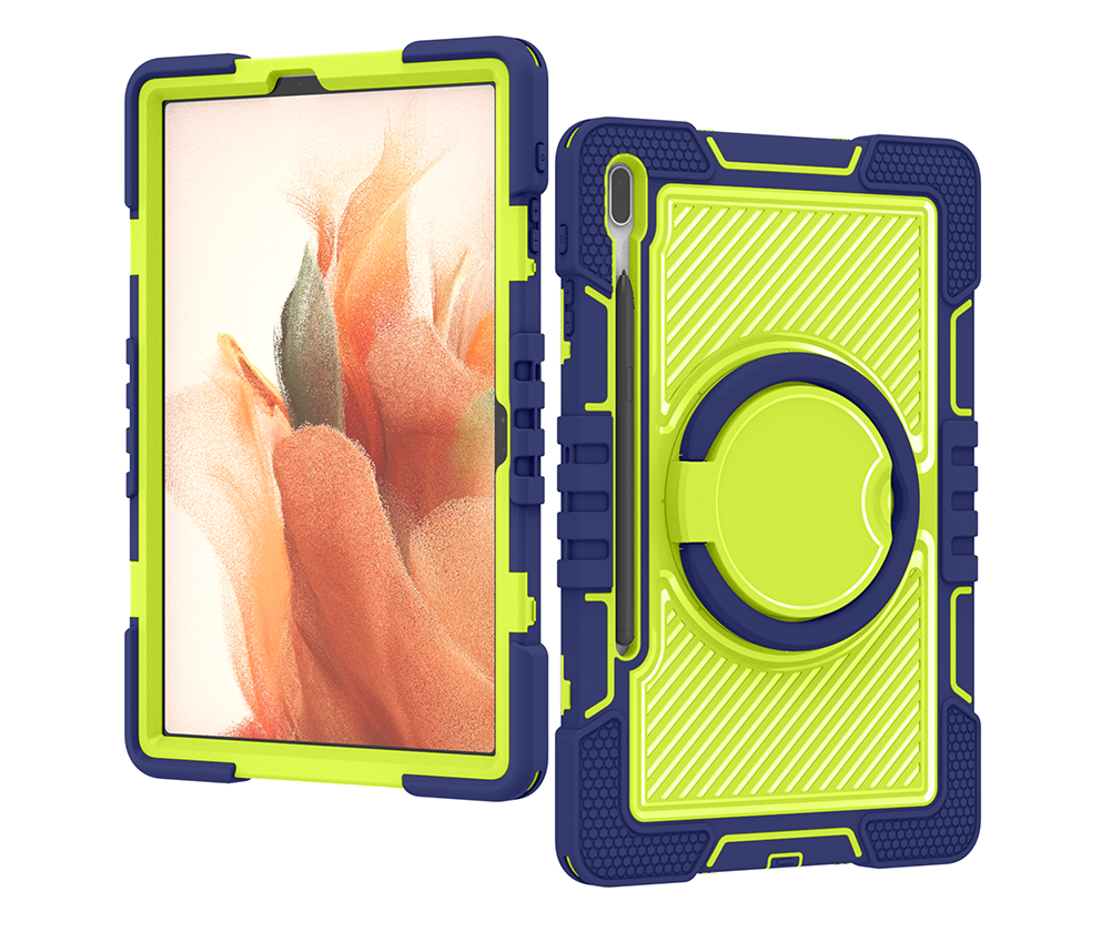 TOZIZO Rugged Heavy Duty Samsung Tab S7 Plus Tablet Case with 360° Rotation Kickstand - Navy Blue + Yellow Green