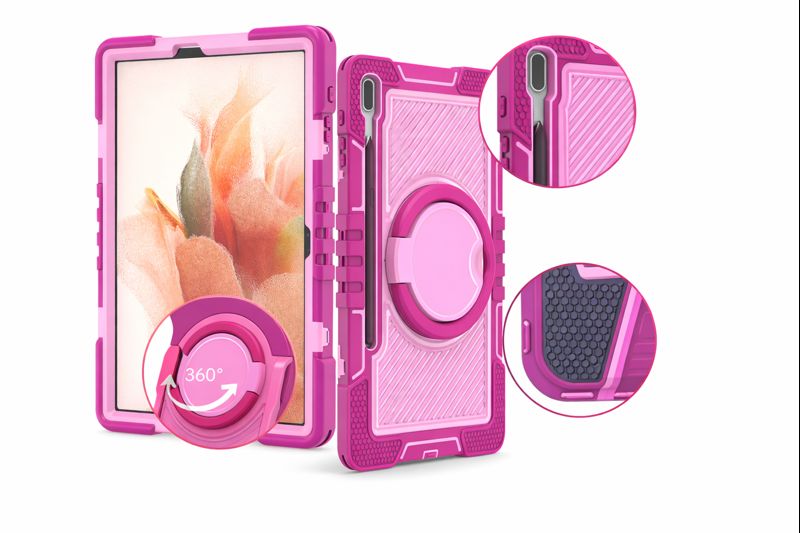 TOZIZO Rose Red & Pink Rugged Samsung Tab S8 Plus Case with 360° Ring Stand and Strap