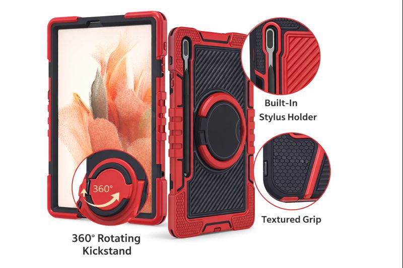 TOZIZO 360° Rotatable Kickstand Tablet Case for Samsung Tab S8 Plus - Red & Black Heavy Duty Protection