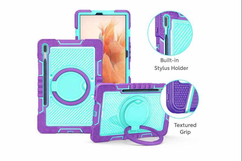 TOZIZO Shockproof Samsung Tab S8 Plus Case - Purple & Mint Green with 360° Grip Ring and Strap
