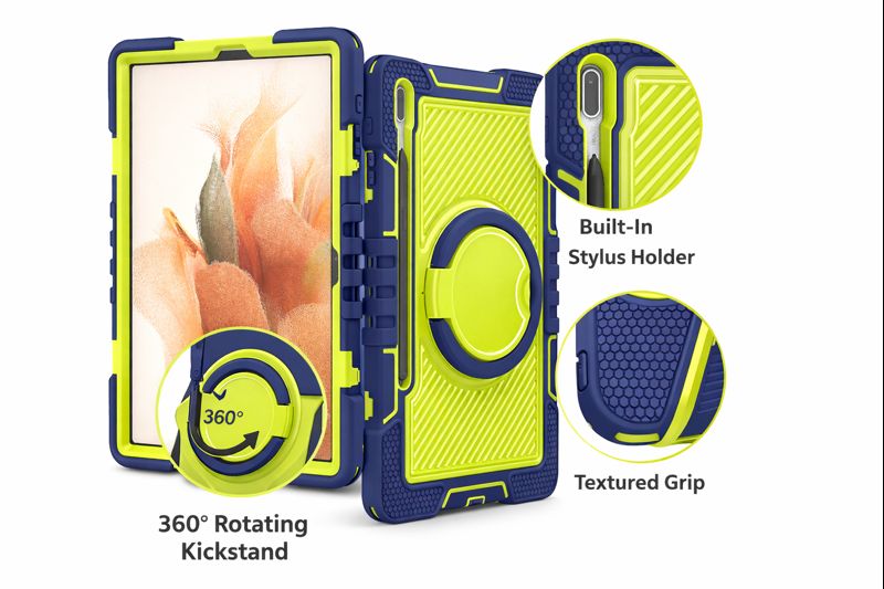 TOZIZO Heavy Duty Rugged Samsung Tab S8 Plus Tablet Case - Navy Blue & Yellow-Green with 360° Rotating Ring