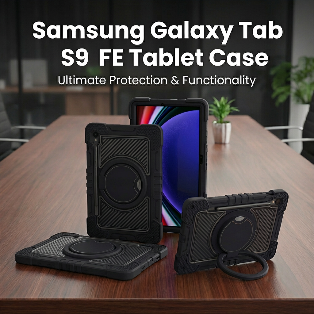 TOZIZO Black Samsung Tab S9 FE Rugged Case | Full Body Shockproof 360° Kickstand Tablet Cover