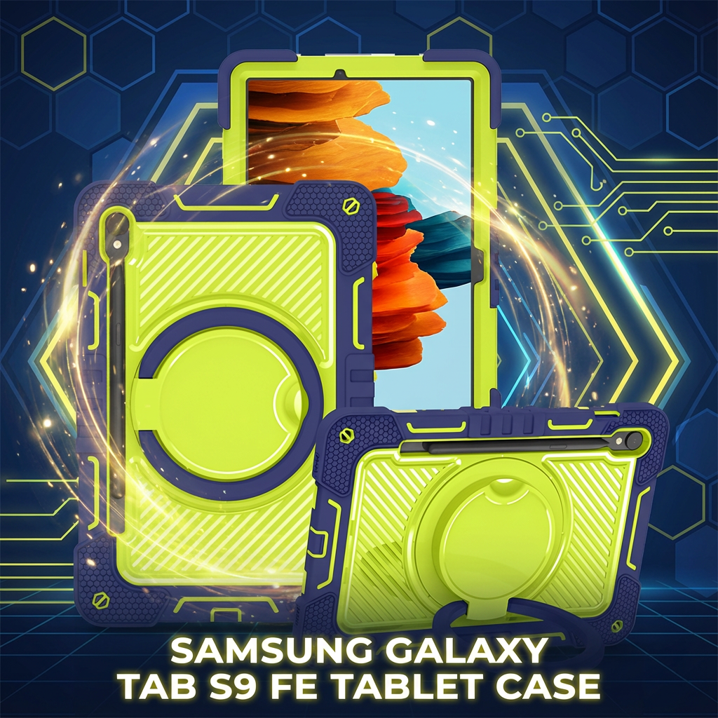 TOZIZO Samsung Tab S9 FE Tablet Case with 360° Rotating Grip - Heavy Duty Navy Blue & Yellow-Green