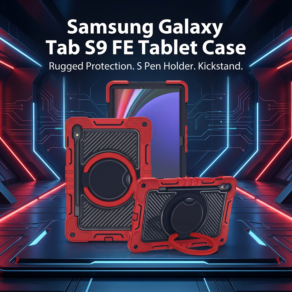 TOZIZO Silicone Samsung Tab S9 FE Tablet Case - Rugged Red & Black with Kickstand & Grip Ring