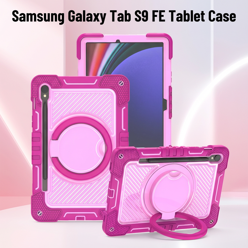 TOZIZO Rose Red & Pink Samsung Tab S9 FE Case | 3-Layer Shockproof Silicone Case with Grip Ring