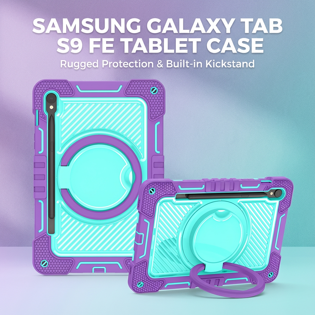 TOZIZO Samsung Tab S9 FE Case - Purple & Mint Green | Full Body Rugged Silicone Case with Kickstand