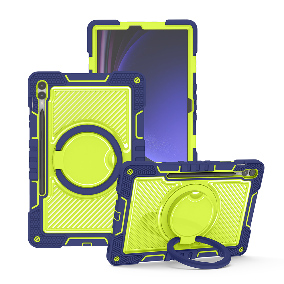 TOZIZO Rugged 360° Rotating Samsung Galaxy Tab S9 FE+ Tablet Case - Navy Blue & Yellow Green