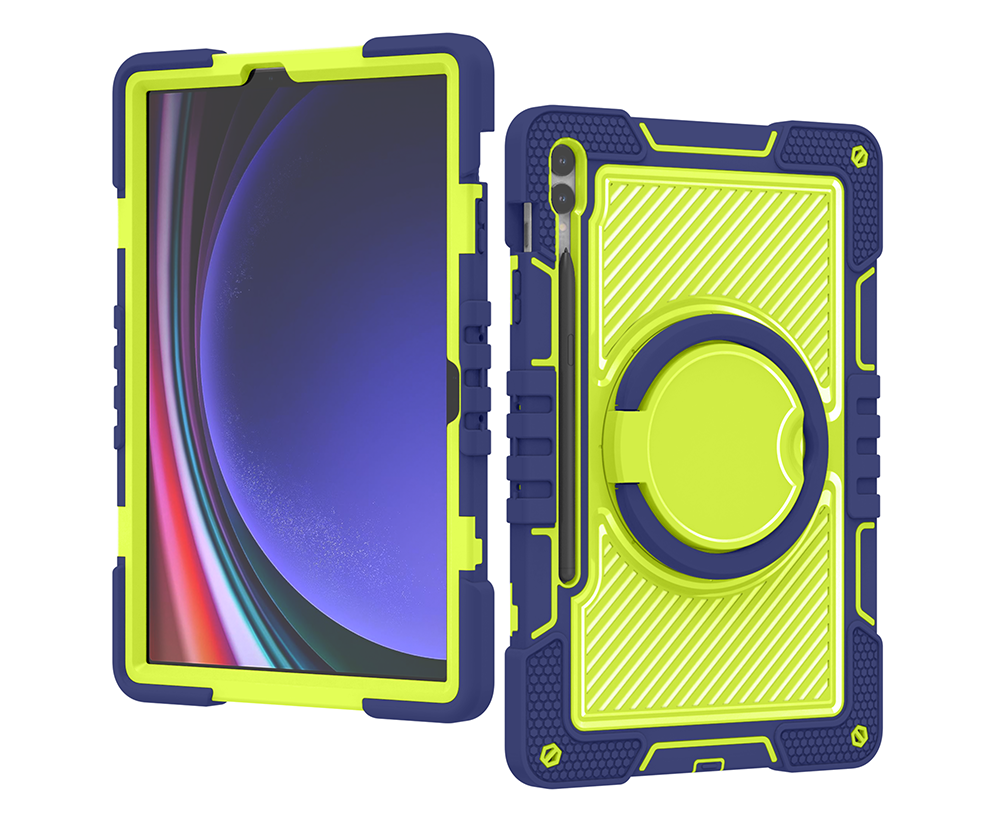 TOZIZO Navy Blue & Yellow-Green Rugged Case for Samsung Tab S9 Plus - 360° Rotatable Kickstand & Hand Strap