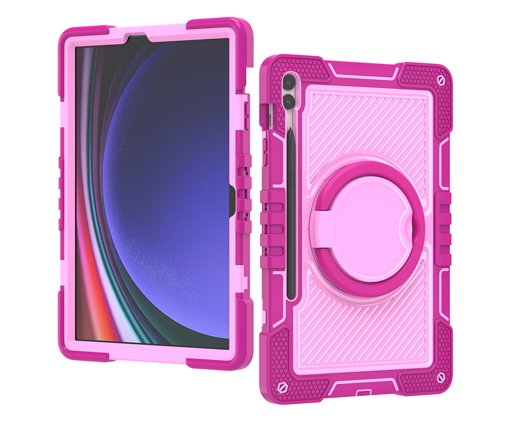 TOZIZO Rose Red & Pink Rugged Case for Samsung Tab S9 Plus - 360° Stand + Grip Strap