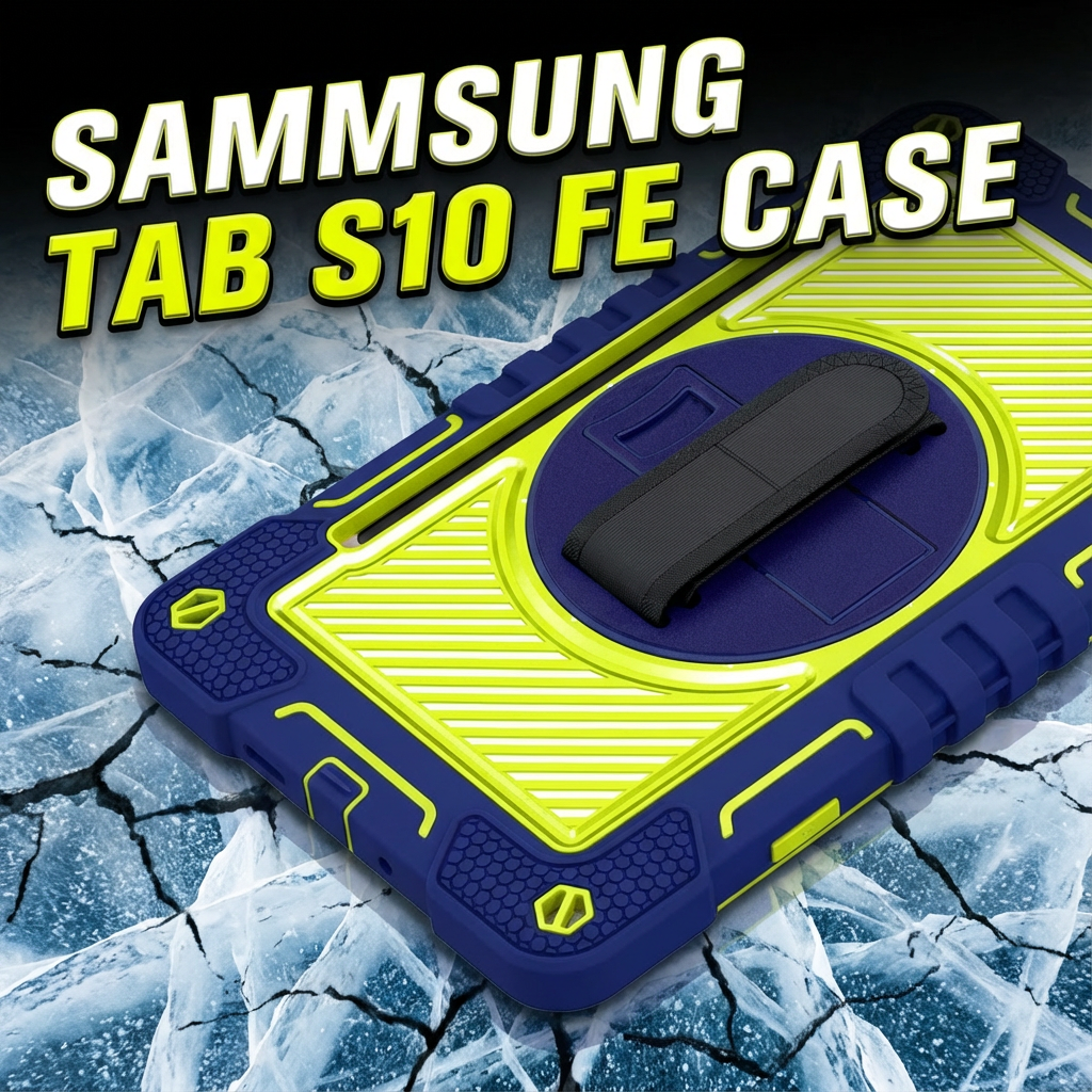 TOZIZO Samsung Tab S10 FE Tablet Case with Kickstand, Strap & 360° Rotation - Navy Blue & Yellow Green