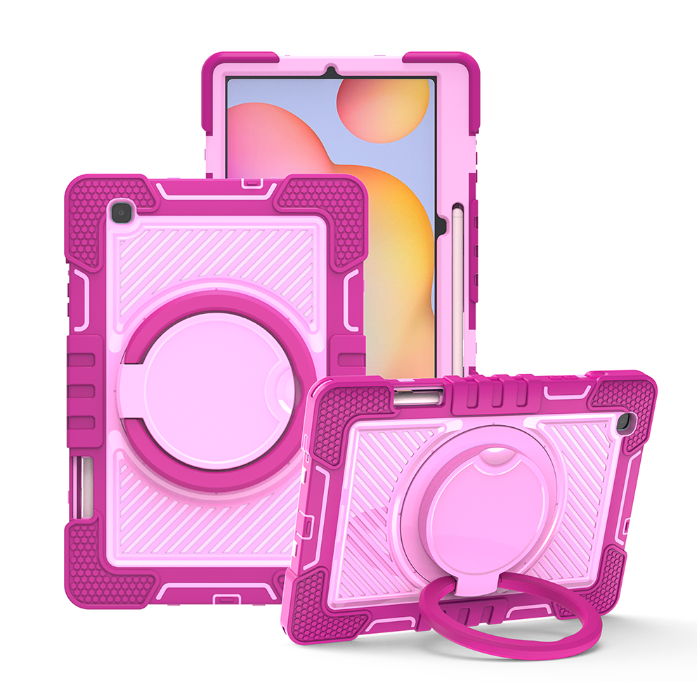 TOZIZO Samsung Tab S6 Lite Rugged Case with 360° Grip Ring - Rose Red & Pink