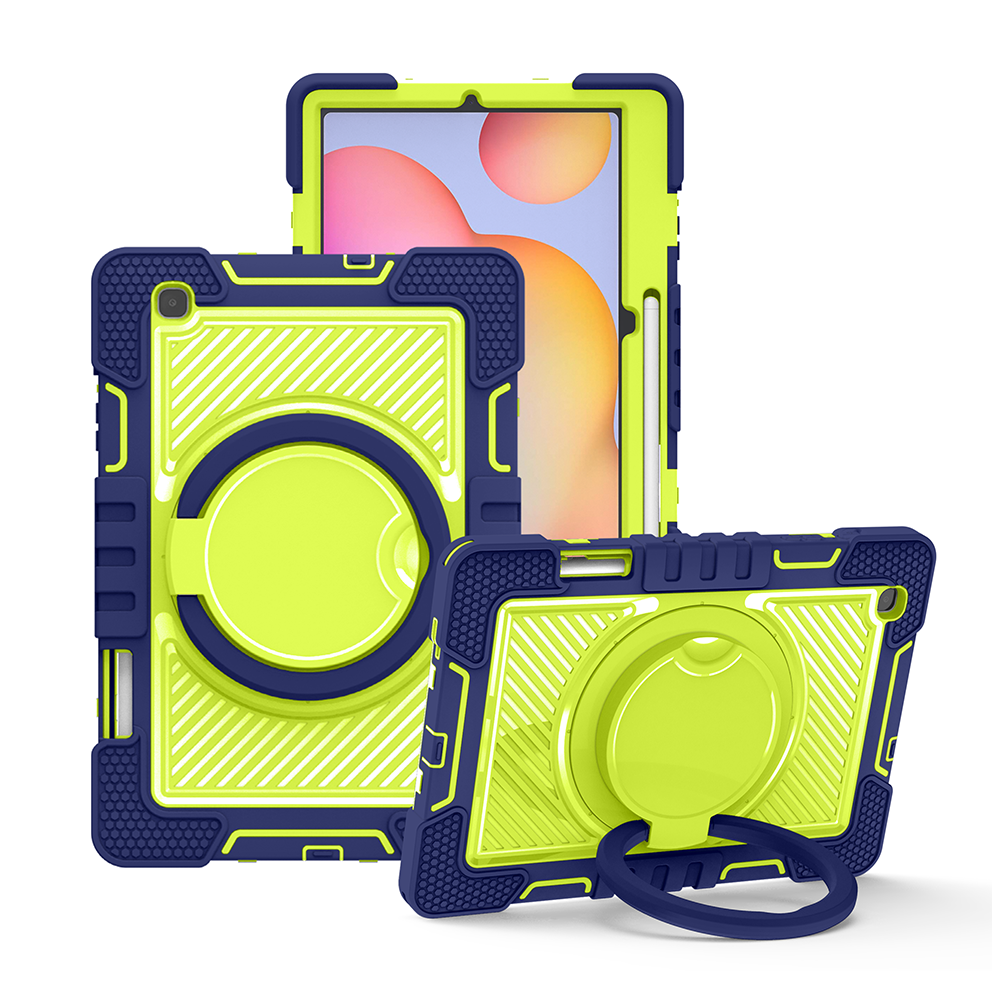 TOZIZO Samsung Tab S6 Lite Rugged Tablet Case with 360° Rotatable Stand - Navy Blue & Yellow-Green