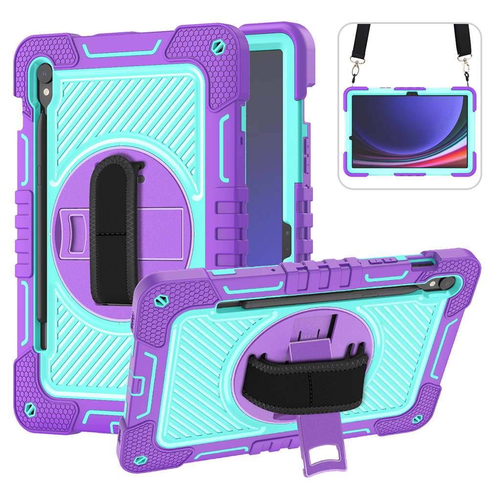 TOZIZO Purple + Mint Green Samsung Galaxy Tab S9 Tablet Case with 360° Rotating Stand and Hand Strap