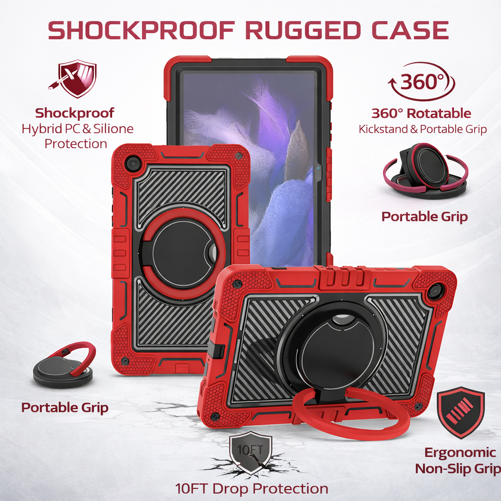TOZIZO Rugged Tablet Case for Samsung Tab A9/A11 with 360° Rotating Stand - Red Black