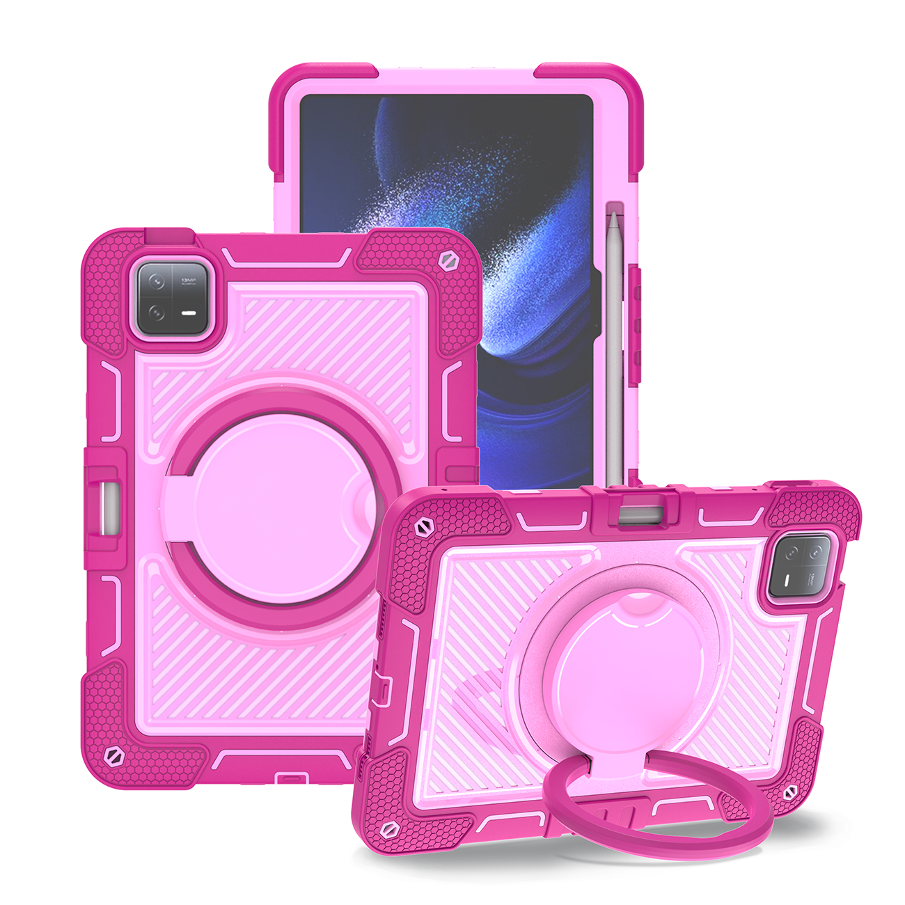 TOZIZO Rose Red & Pink Rugged Tablet Case for Xiaomi Pad 6 - Multi-Angle Stand & Grip Ring