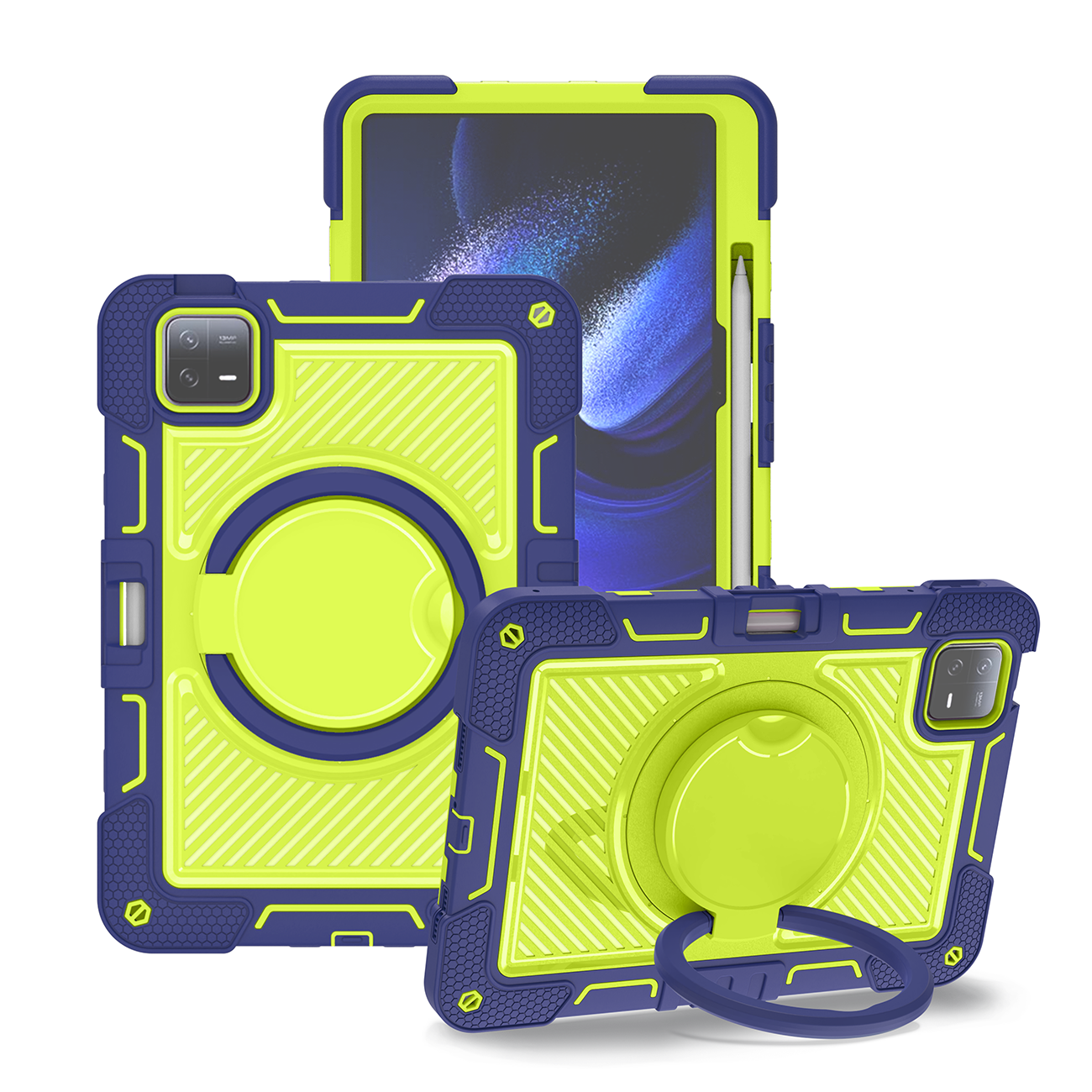 TOZIZO Heavy Duty Rugged Xiaomi Pad 6 Tablet Case - Navy Blue + Yellow Green with 360° Rotatable Kickstand