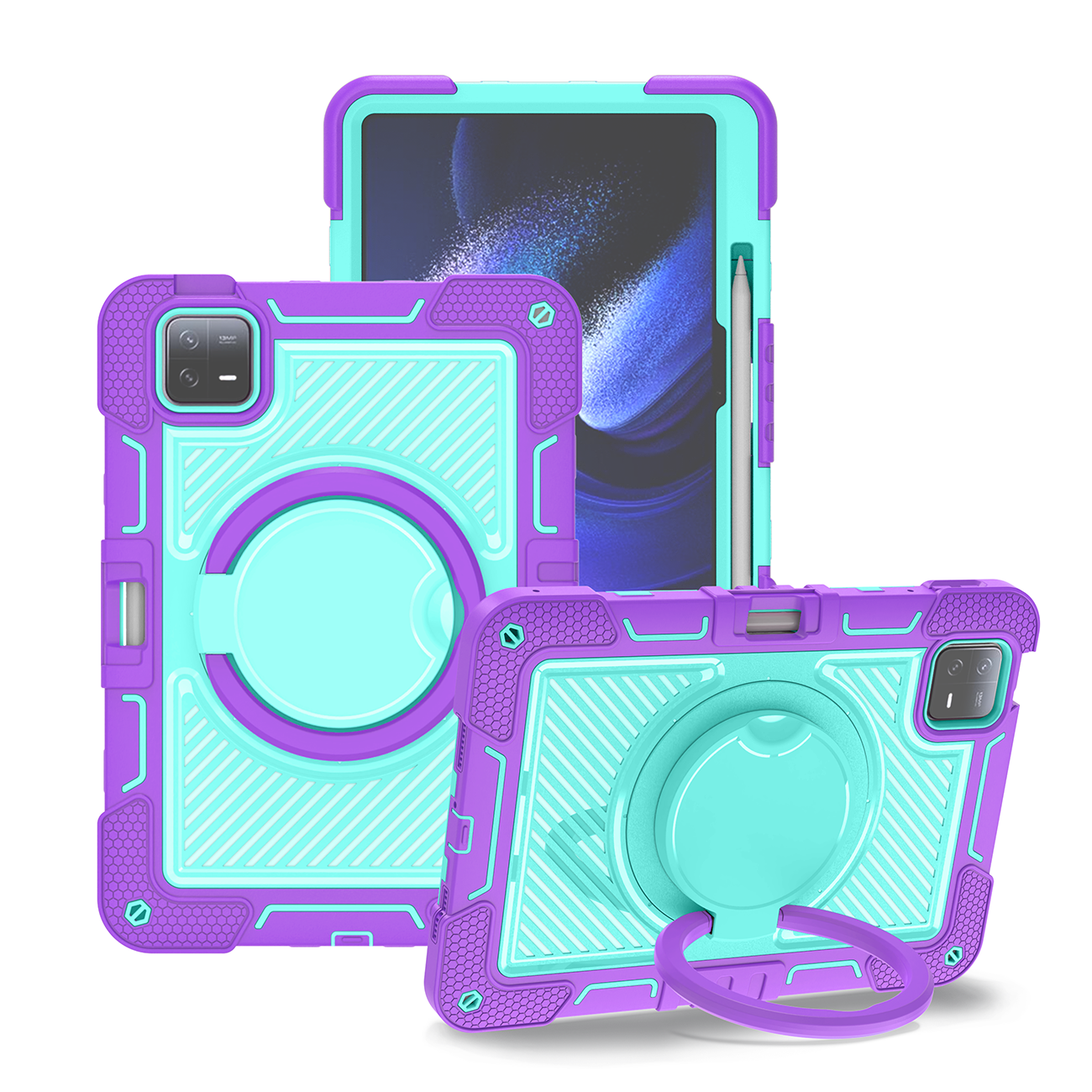 TOZIZO 360° Swivel Stand Rugged Case for Xiaomi Pad 6 - Purple & Mint Green Kids Tablet Cover