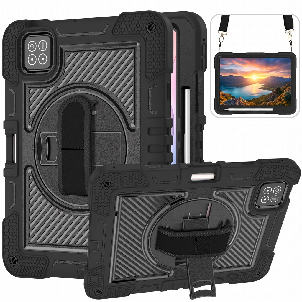 TOZIZO Black Rugged Tablet Case for Xiaomi Pad 7 - 3-Layer Shockproof with Kickstand & Strap
