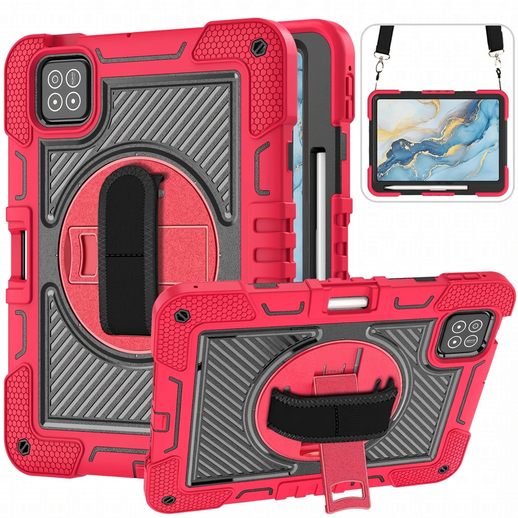 TOZIZO Rugged Shockproof Case for Xiaomi Pad 7 with 360° Stand & Strap - Red & Black 3-Layer Silicone Cover
