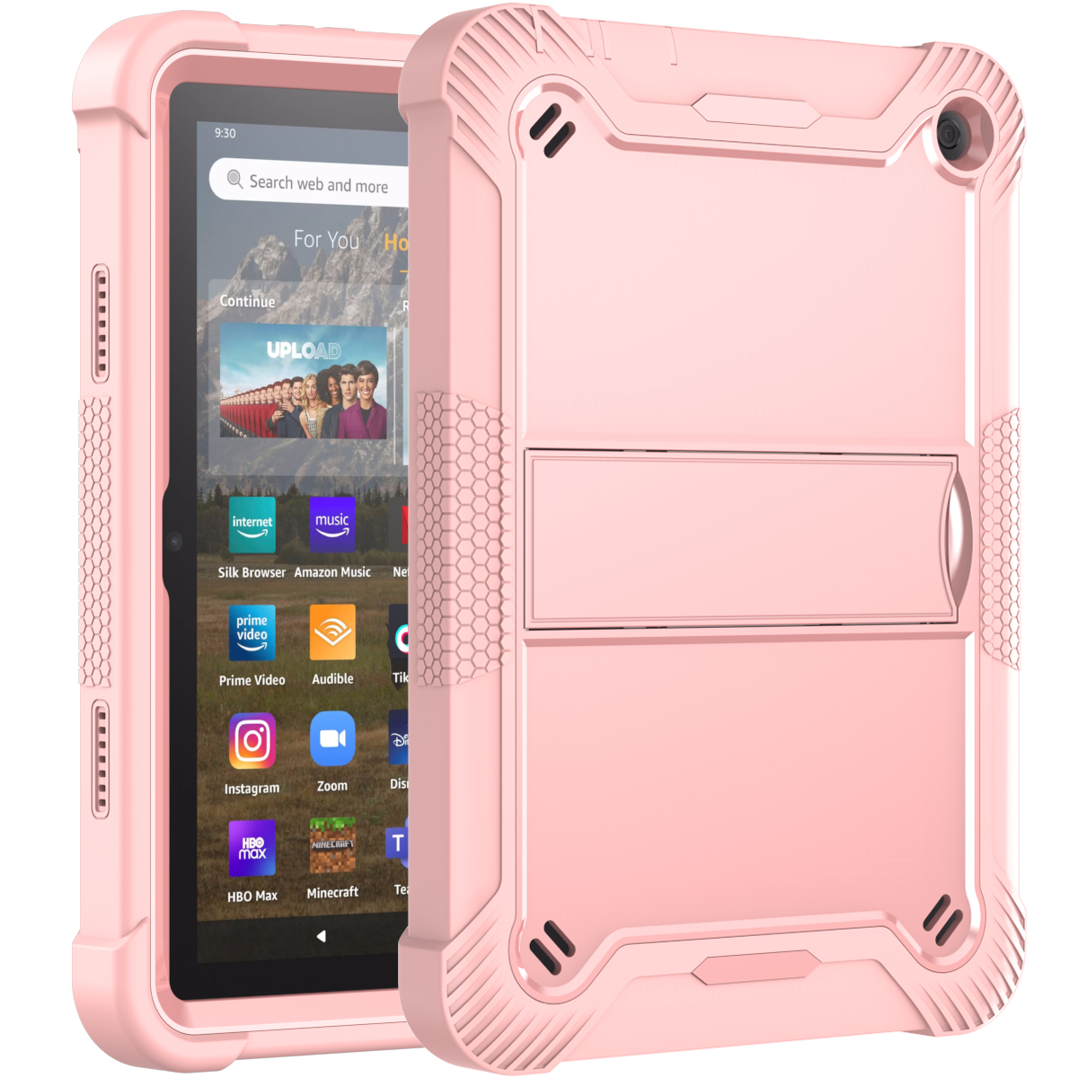 TOZIZO Rugged Case for Amazon Fire HD 8 / HD 8 Plus 2022 – 3-Layer Silicone Armor Stand Cover – Pink Kid-Proof Tablet Shell