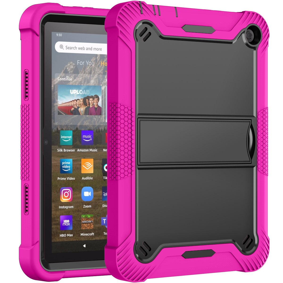 TOZIZO Full Body Rugged Shockproof Tablet Case for Amazon Fire HD 8 / HD 8 Plus (2022) – Protective Silicone Armor Stand Tablet Cover – Rose Red + Black