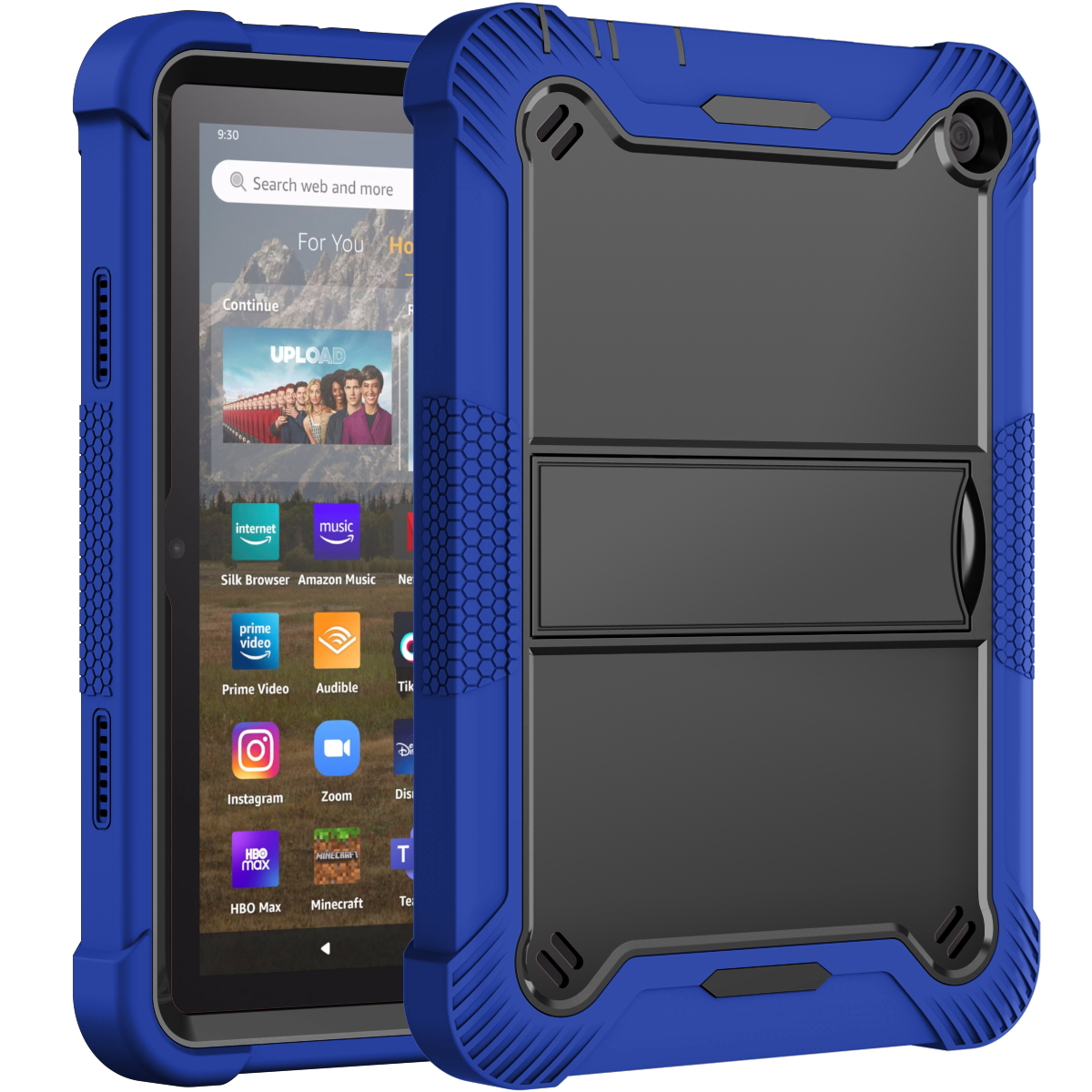 TOZIZO Rugged Full Body Protective Case for Fire HD 8 / HD 8 Plus (2022) – Shockproof Heavy Duty Armor Cover with Kickstand – Blue + Black