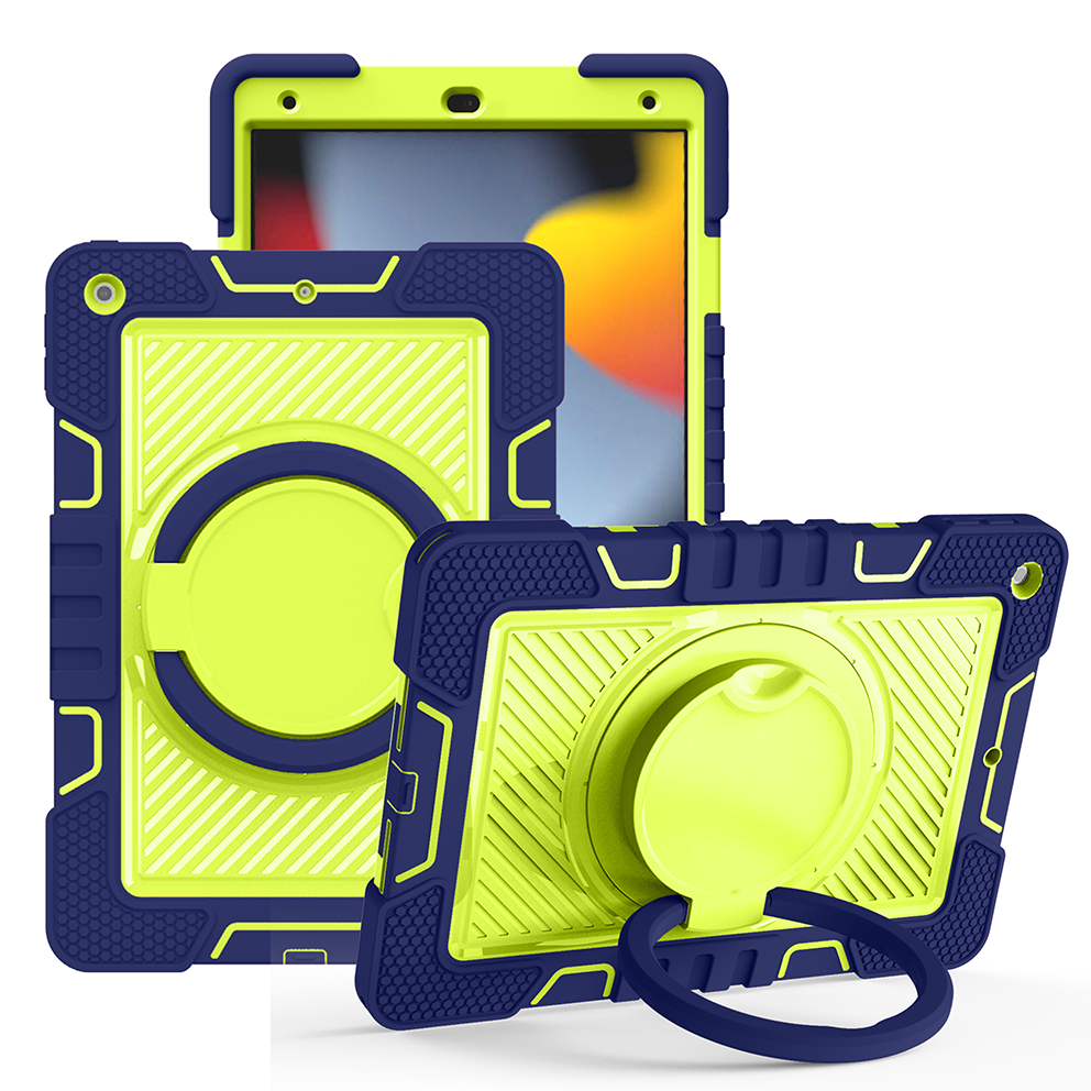 TOZIZO Heavy Duty Shockproof Case for iPad 10.2 with 360° Rotating Ring - Navy Blue Yellow-Green