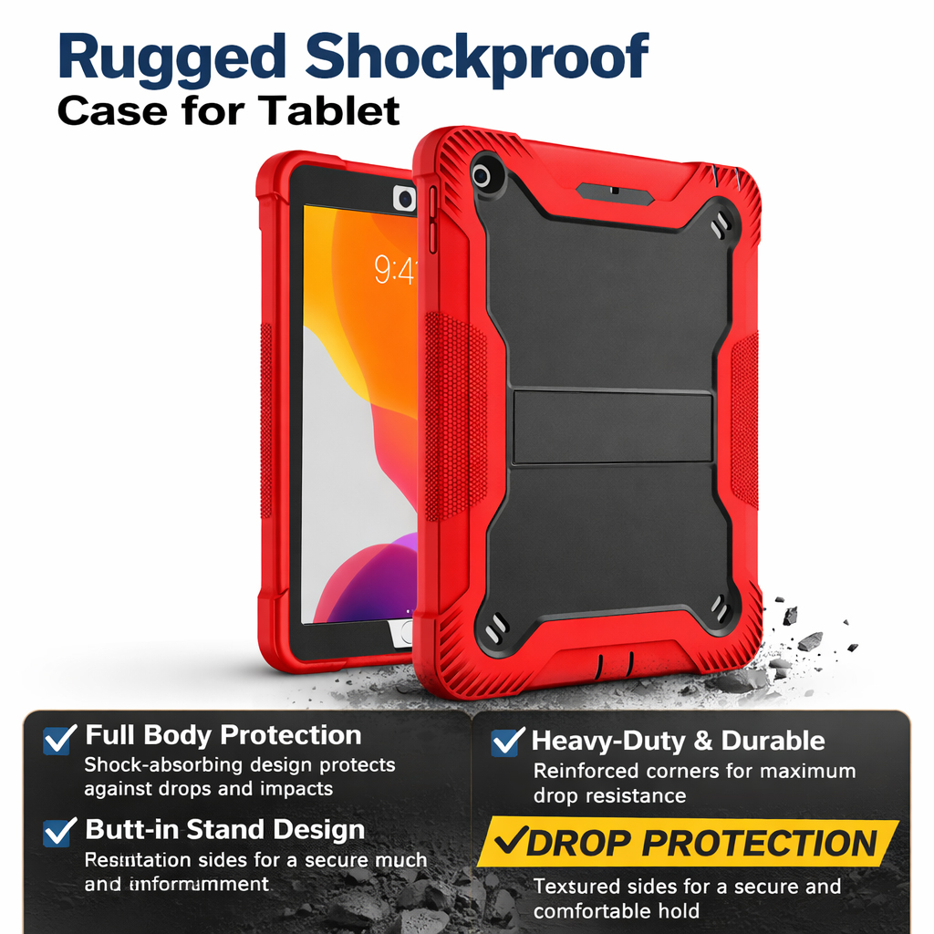 TOZIZO Heavy Armor Shockproof Tablet Case for iPad 10.2 – Red Black 3-Layer Full Body Protection