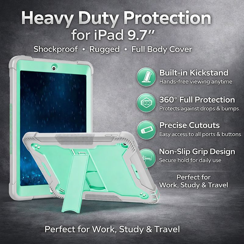 TOZIZO Mint Green & Gray iPad 9.7 Rugged Case - Triple Layer Shockproof Protective Cover