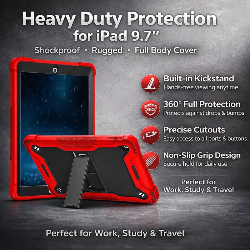 TOZIZO iPad 9.7 Rugged Case with Kickstand - Red & Black Heavy Duty Silicone Cover