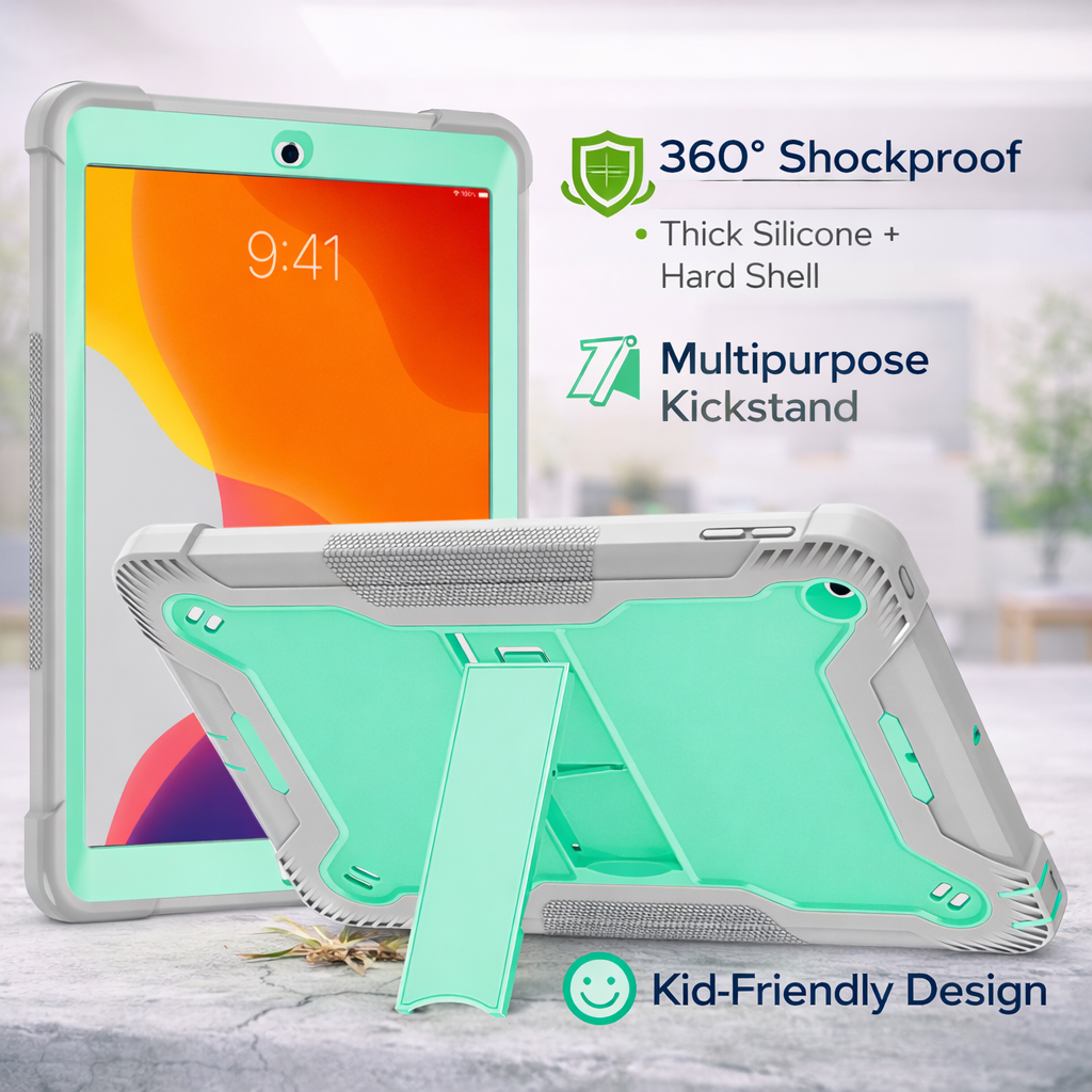 TOZIZO Mint Green Kid Educational iPad 10.2 Case with Stand | Triple-Layer Protection Tablet Protector