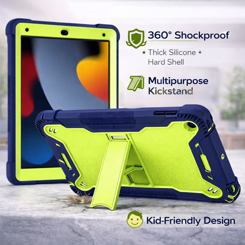 TOZIZO Navy & Neon Green Rugged iPad 10.2 Tablet Case | Classroom-Grade Survivor Tablet Cover