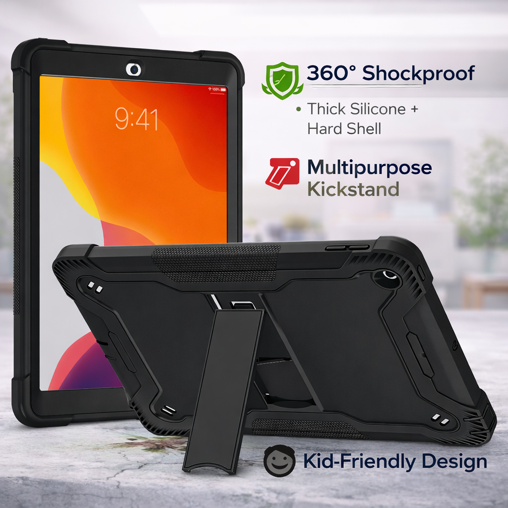 TOZIZO Heavy Duty Rugged Kid-Friendly Hybrid Shockproof iPad 10.2 Case with Kickstand - Black