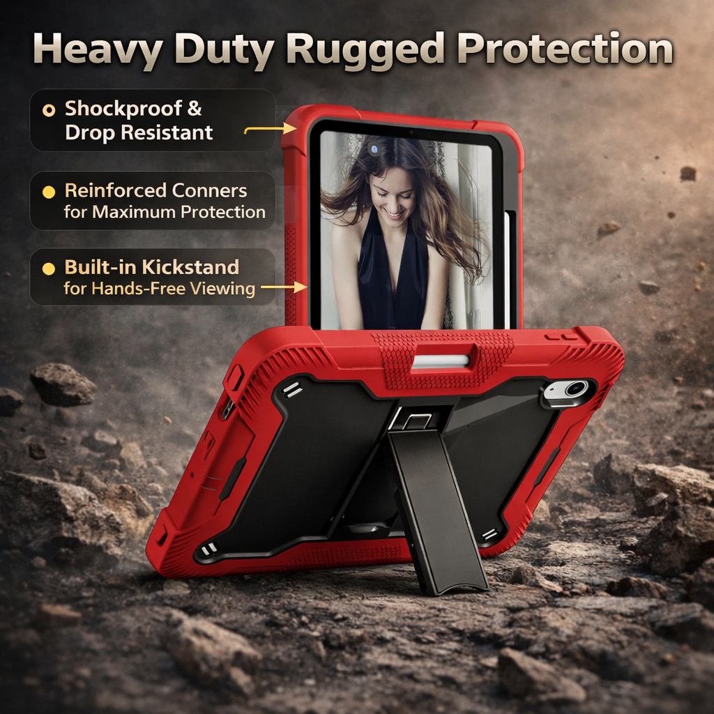 TOZIZO Red Shockproof Kickstand iPad 10th Gen Case – Rugged 3-Layer Protection